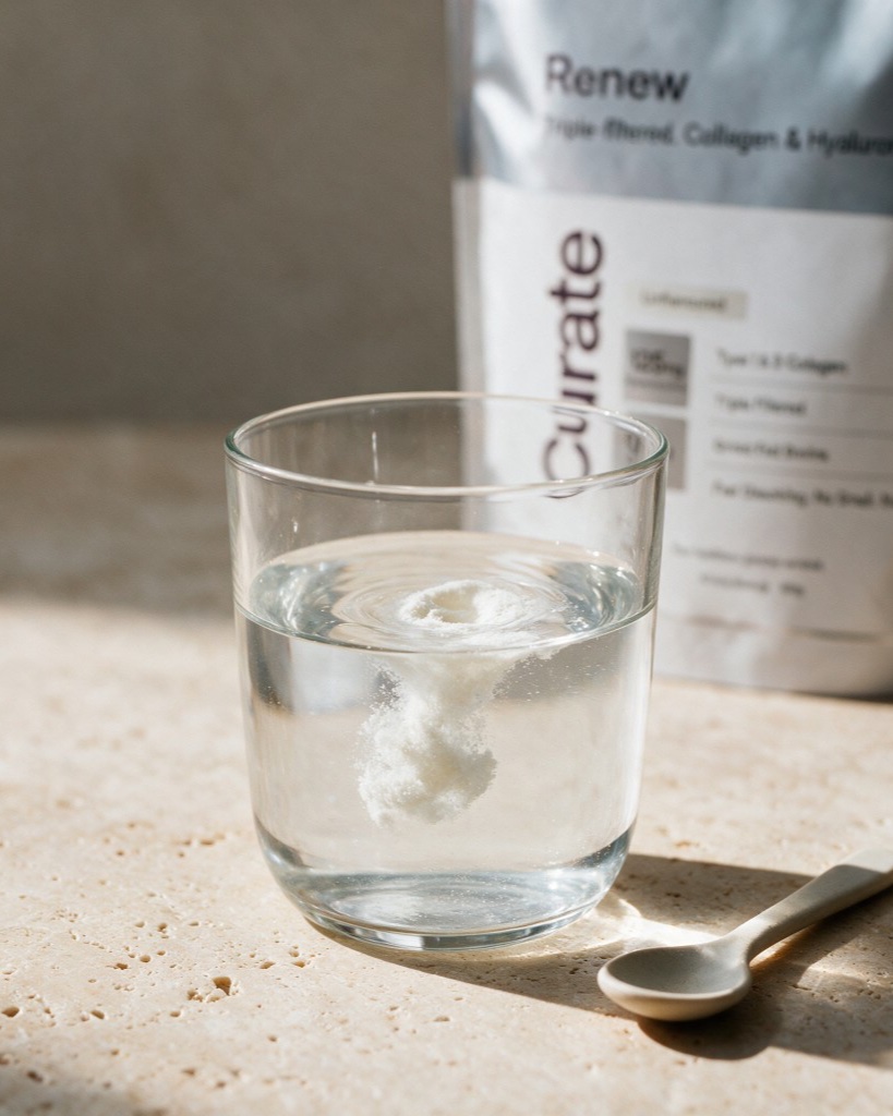 Renew Collagen dissolving clear in a glass of water