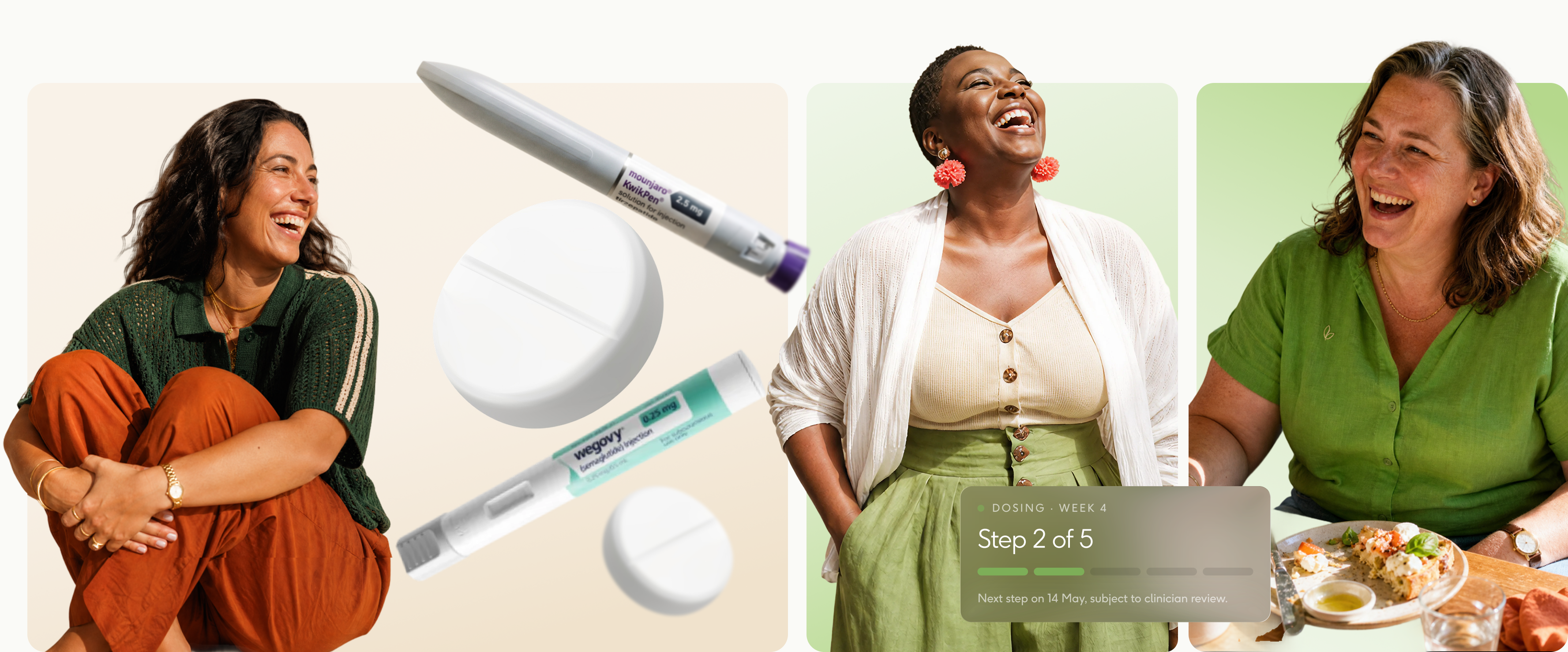 Three women at ease, with weekly-treatment pens and a clinical dosing check-in