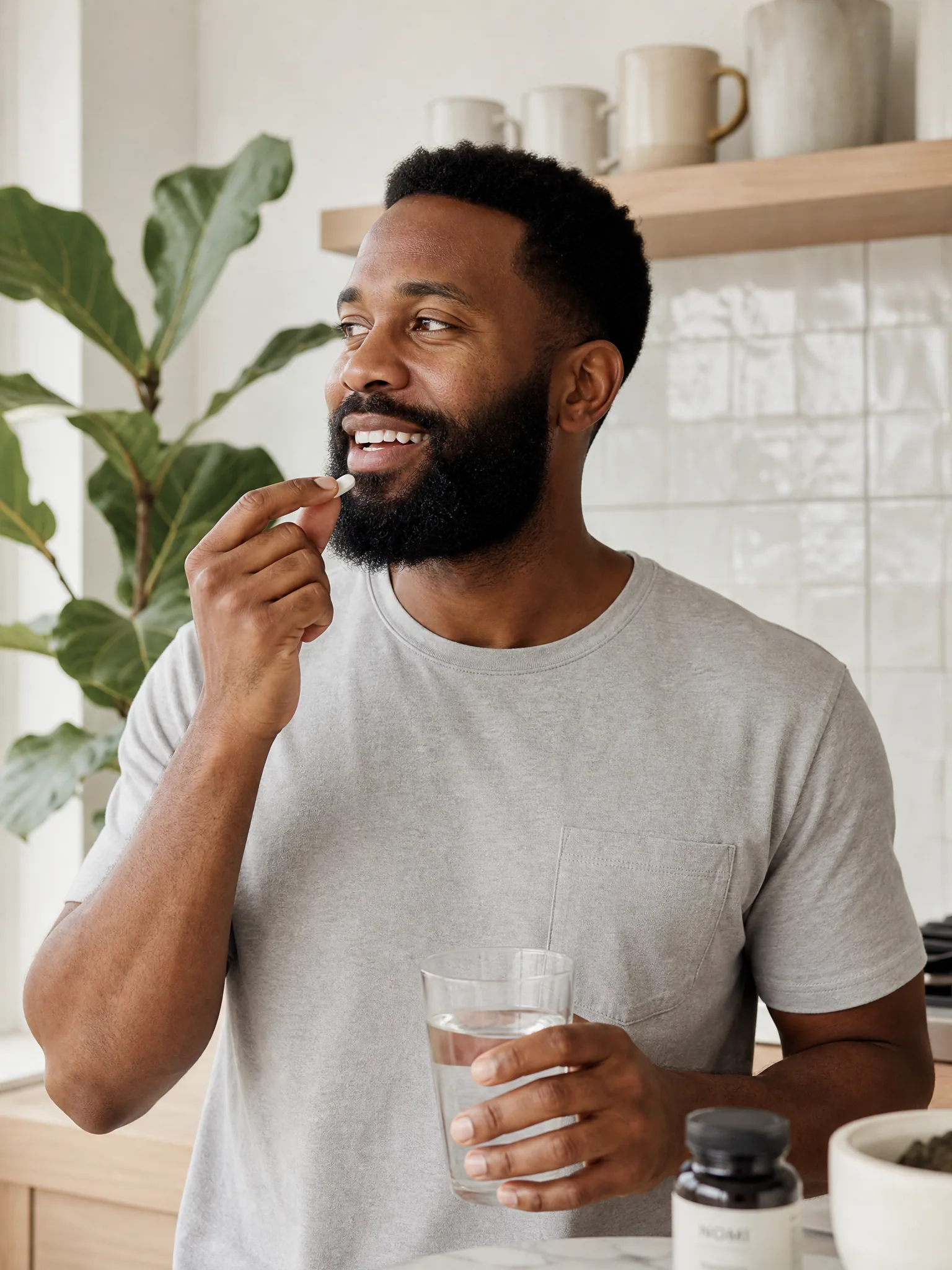A man taking his daily tablet at home with a glass of water