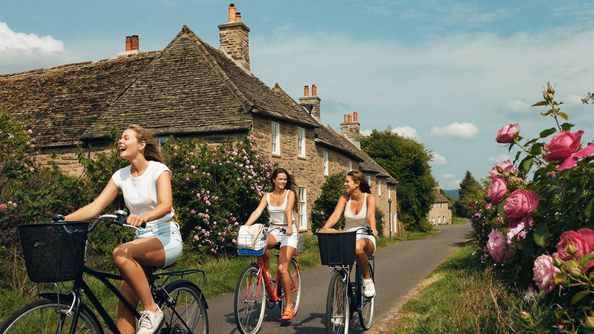 Three friends cycling past a stone cottage in summer sun