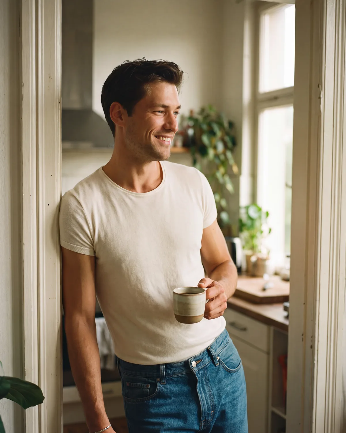 A man in a white t-shirt leaning in his kitchen doorway with a mug of coffee, morning light