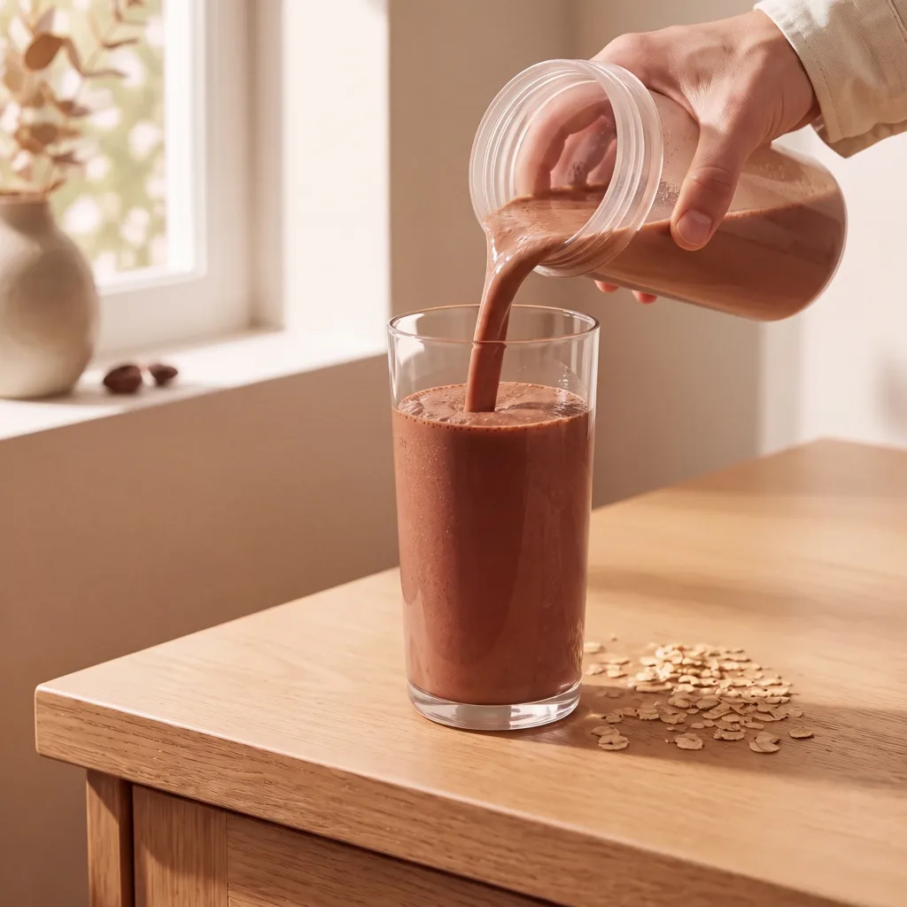 A chocolate Nourish shake being poured into a glass on a kitchen counter