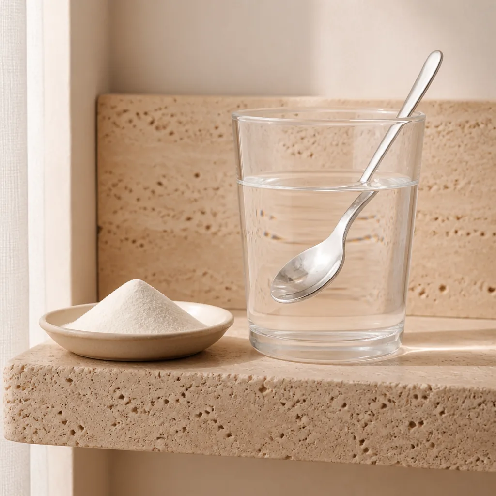 Renew Collagen dissolving clear in a glass of water